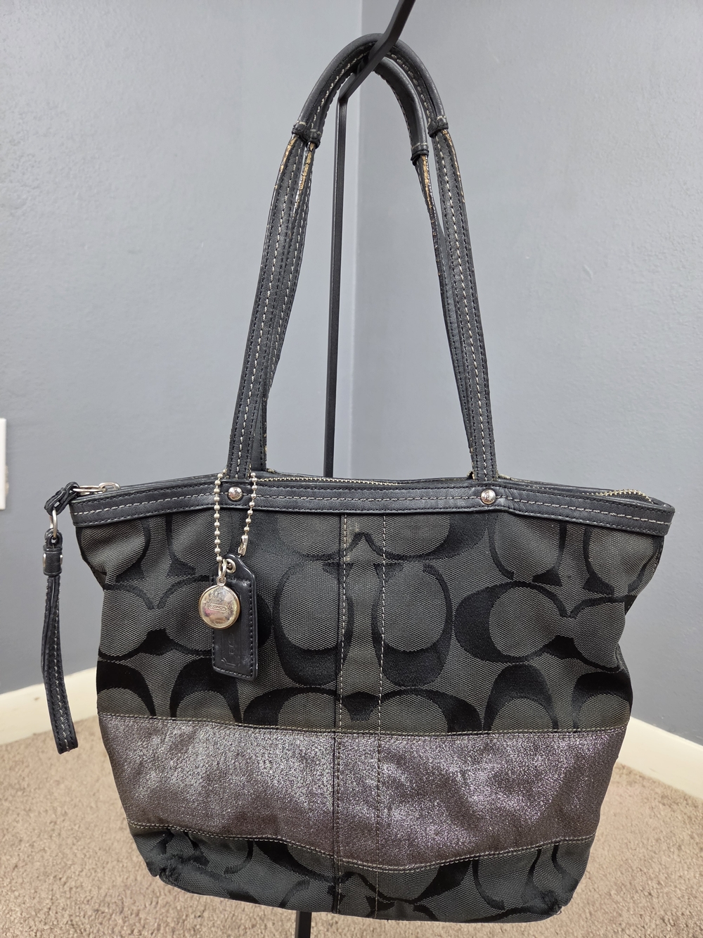 Coach Black Signature Tote with Metallic Accent